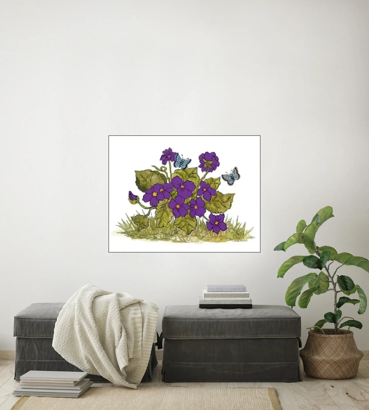 Violets and Butterflies - large 24 x 36 unframed art print shown hanging on a wall