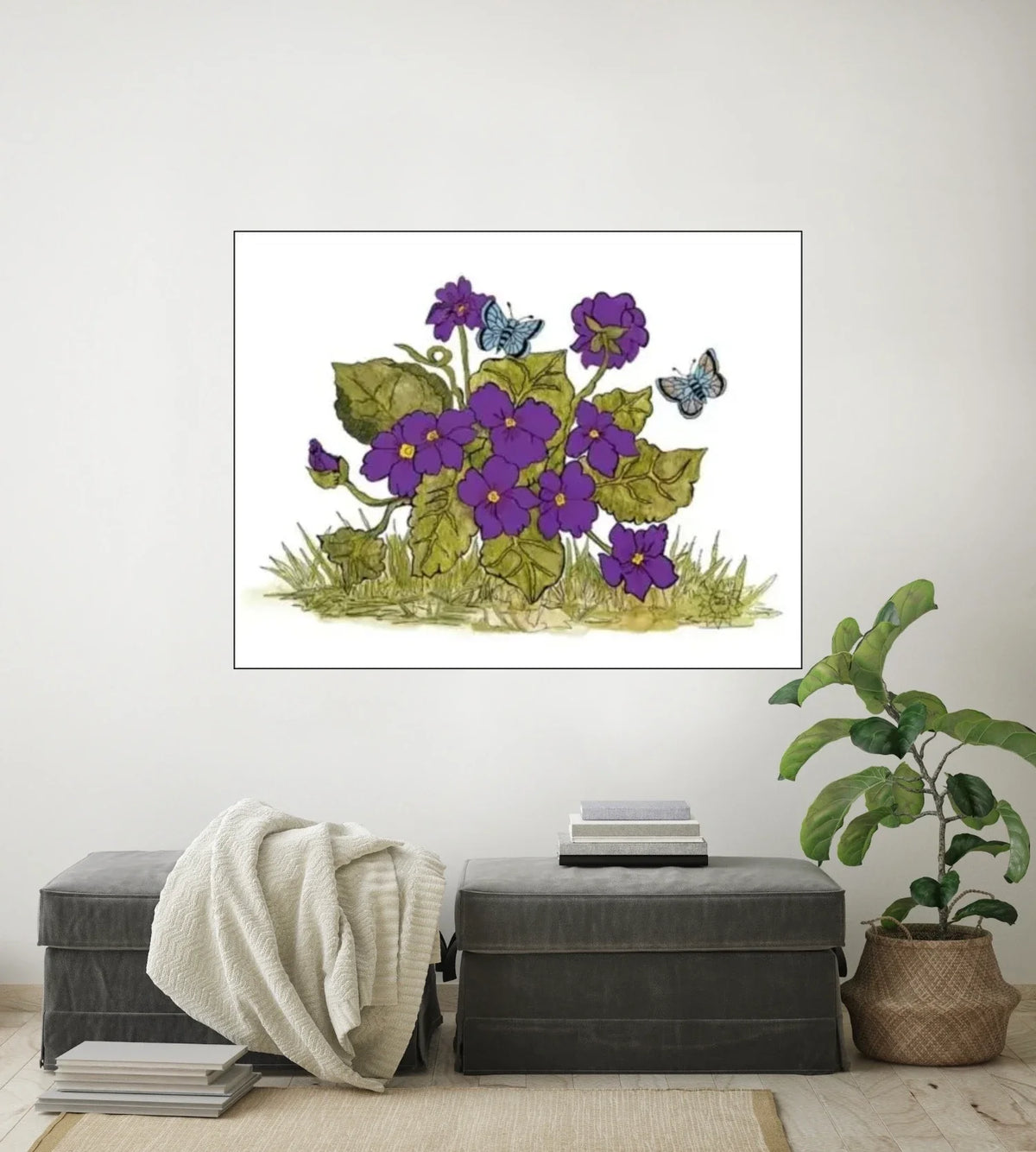Violets and Butterflies - extra large 36 x 48 unframed art print shown hanging on a wall