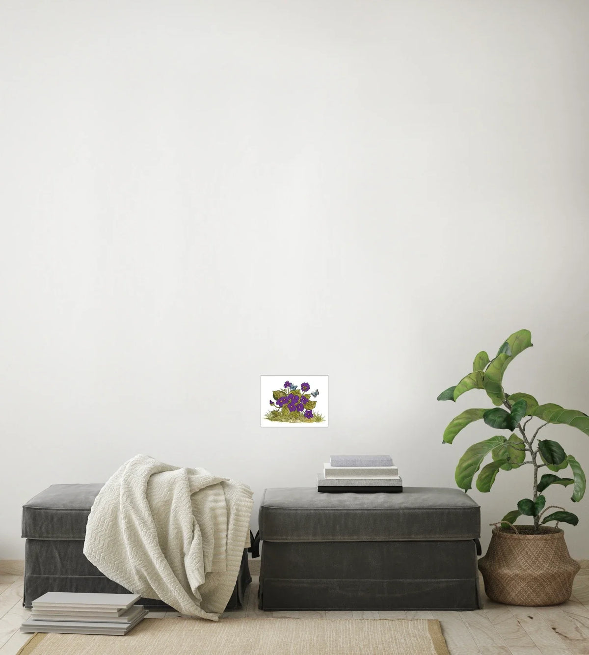 Violets and Butterflies - small 8 x 10 unframed art print shown hanging on a wall