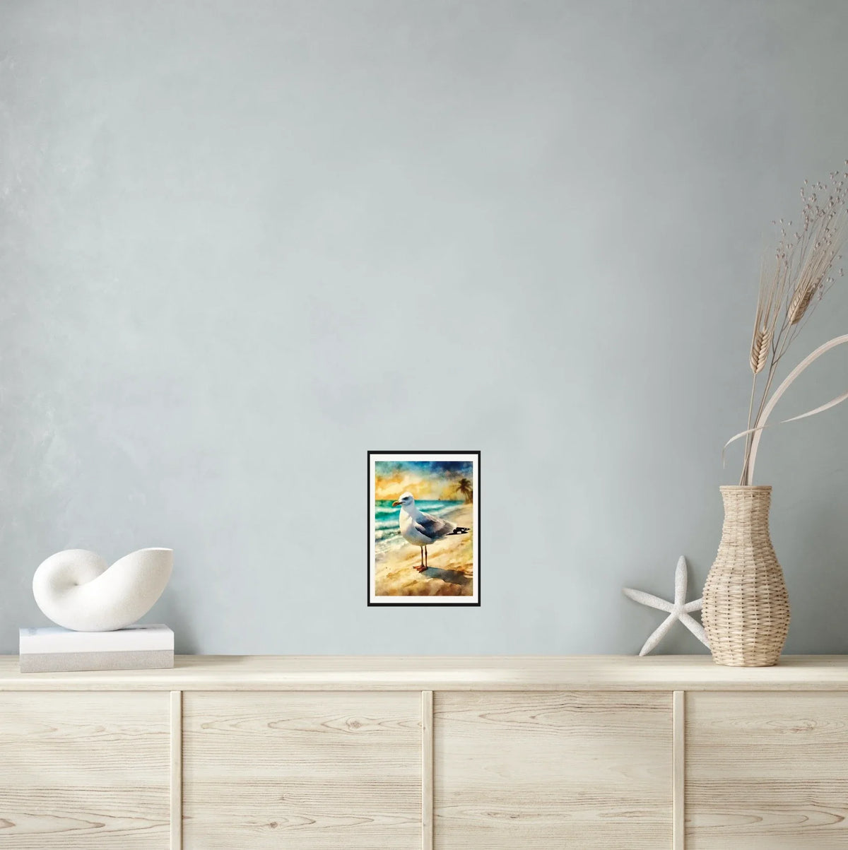 Whimsical Delights Herring Gull - medium 12 x 16 matted and framed art print shown hanging on a wall