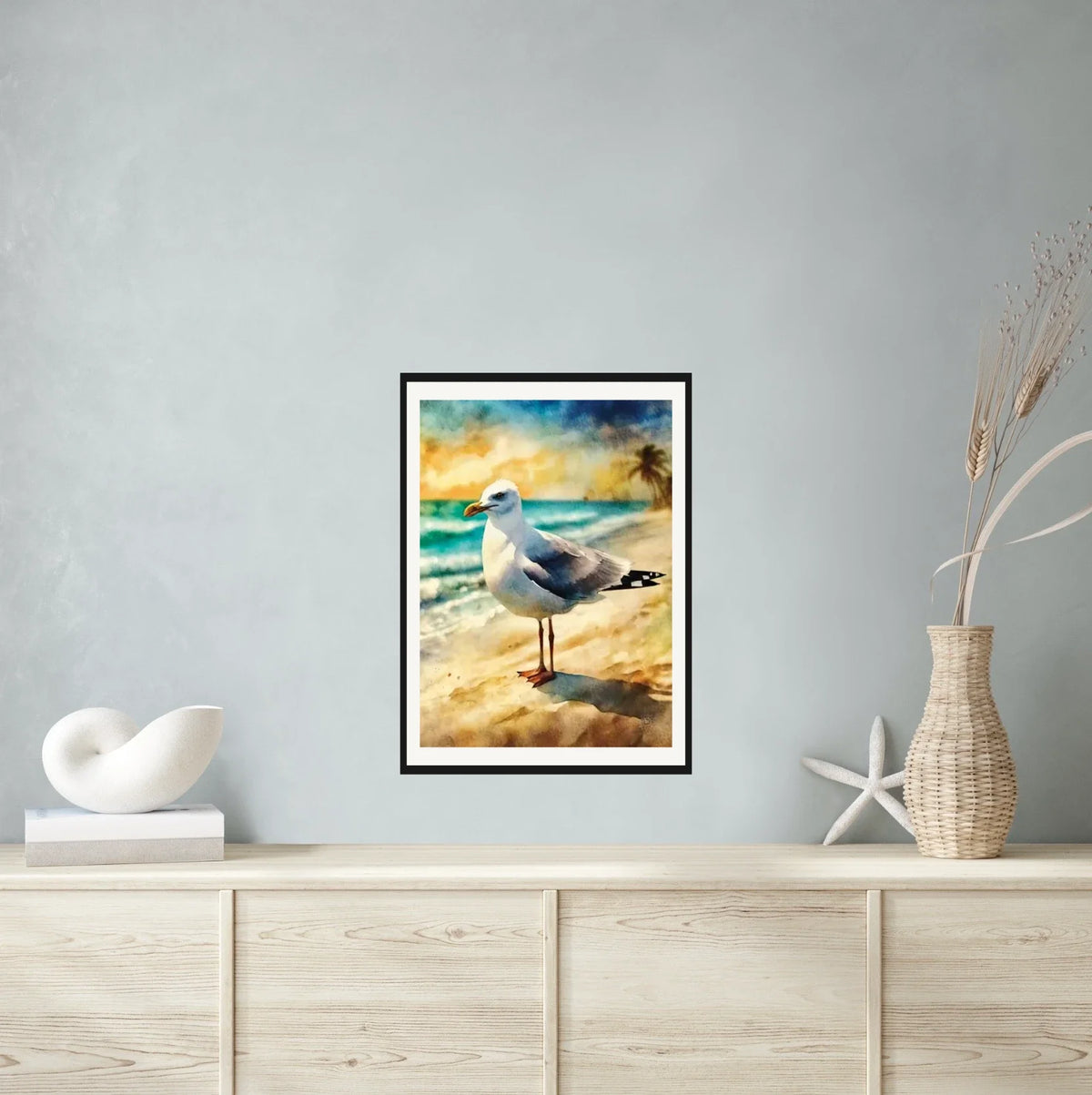 Whimsical Delights Herring Gull - large 24 x 36 matted and framed art print shown hanging on a wall