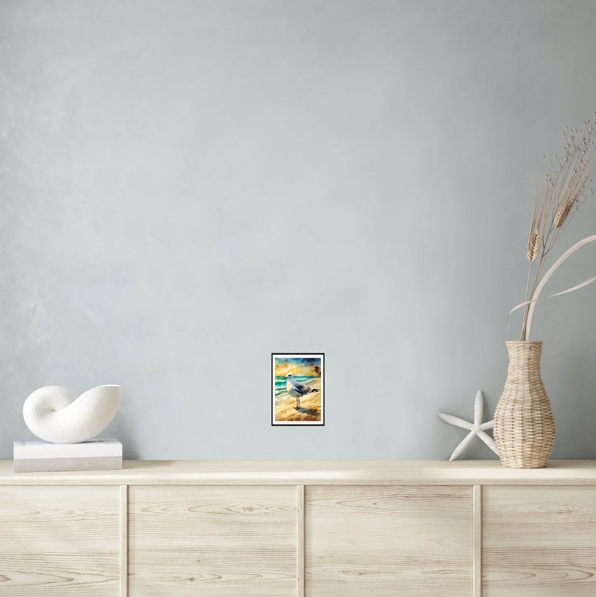 Whimsical Delights Herring Gull - small 8 x 10 matted and framed art print shown hanging on a wall