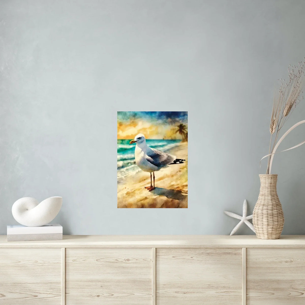 Whimsical Delights Herring Gull - large 24 x 36 unframed art print shown hanging on a wall