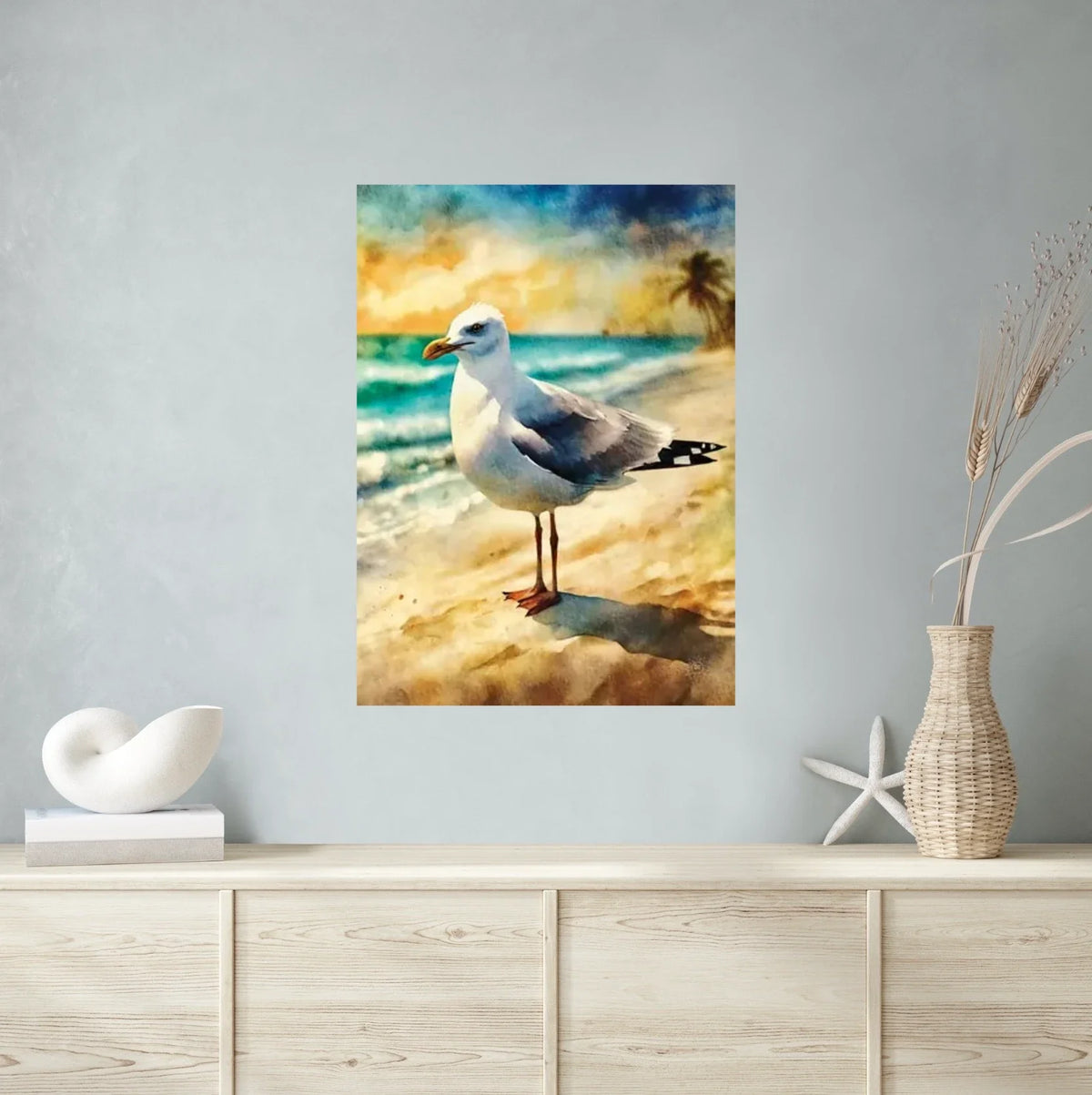 Whimsical Delights Herring Gull - extra large 36 x 48 unframed art print shown hanging on a wall