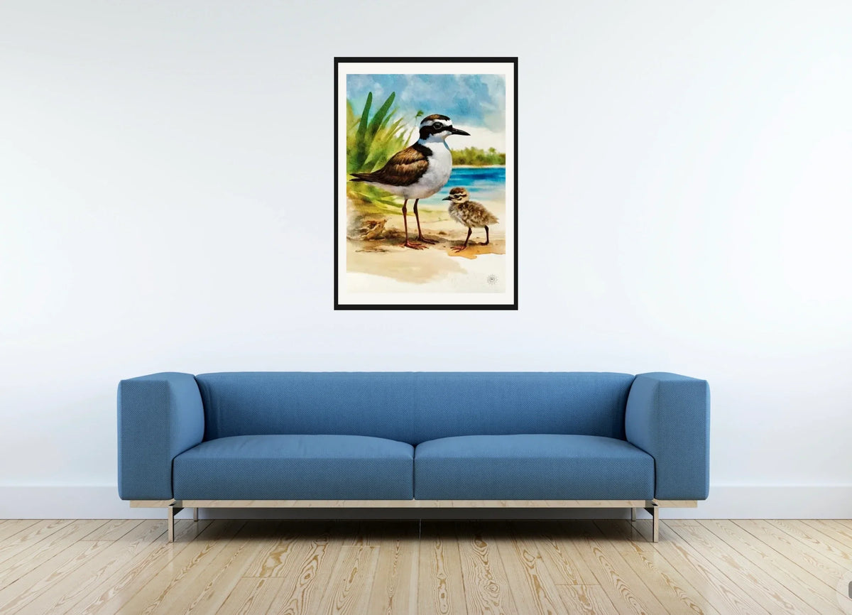 Whimsical Delights Wilson Plover and Baby - large 24 x 36 matted and framed art print shown hanging on a wall