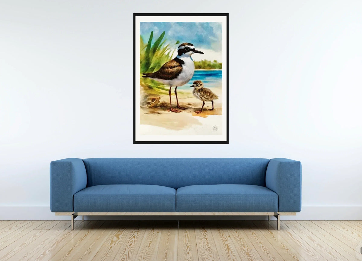 Whimsical Delights Wilson Plover and Baby - extra large 36 x 48 matted and framed art print shown hanging on a wall