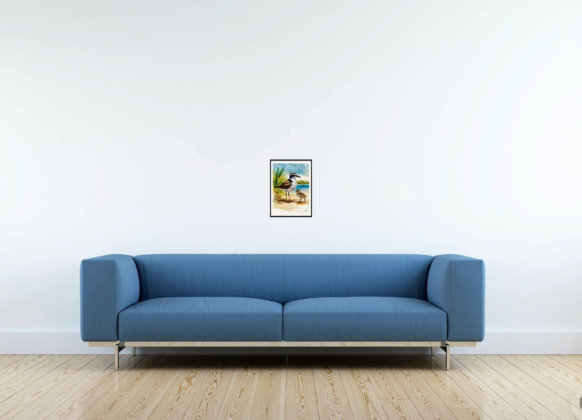 Whimsical Delights Wilson Plover and Baby - small 8 x 10 matted and framed art print shown hanging on a wall