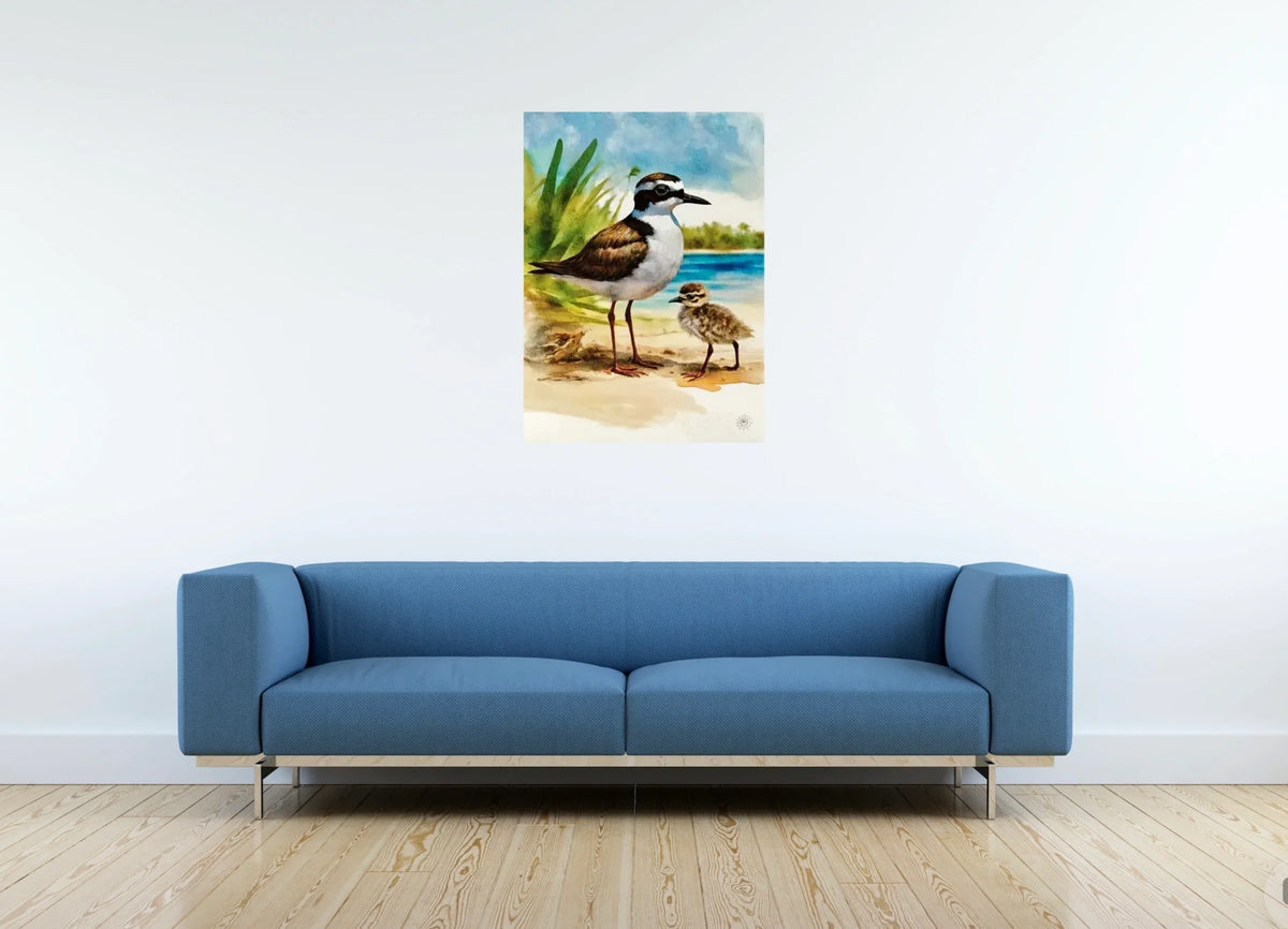 Whimsical Delights Wilson Plover and Baby - large 24 x 36 unframed art print shown hanging on a wall