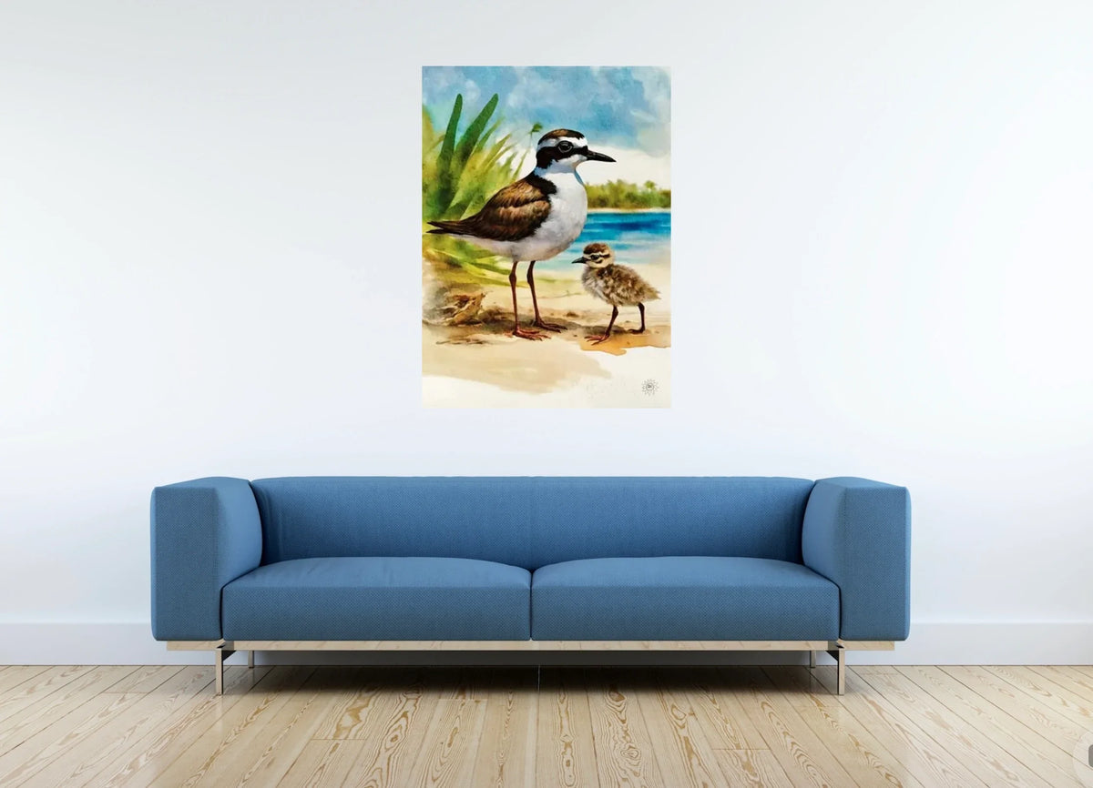Whimsical Delights Wilson Plover and Baby - extra large 36 x 48 unframed art print shown hanging on a wall