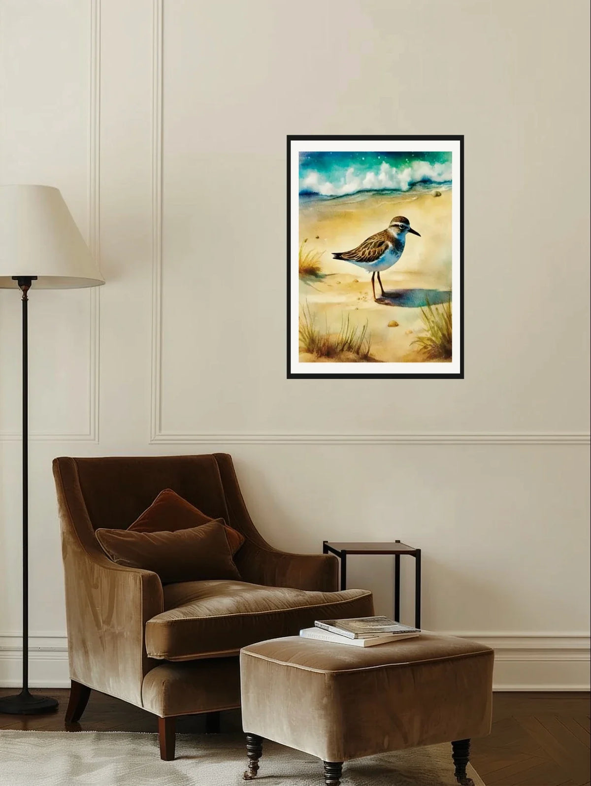 Whimsical Delights Wilson Plover - large 24 x 36 matted and framed art print shown hanging on a wall