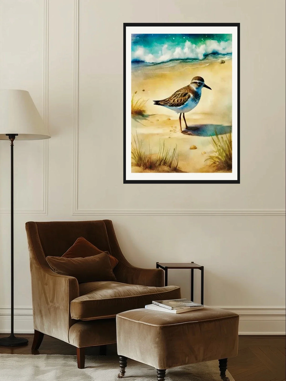 Whimsical Delights Wilson Plover - extra large 36 x 48 matted and framed art print shown hanging on a wall