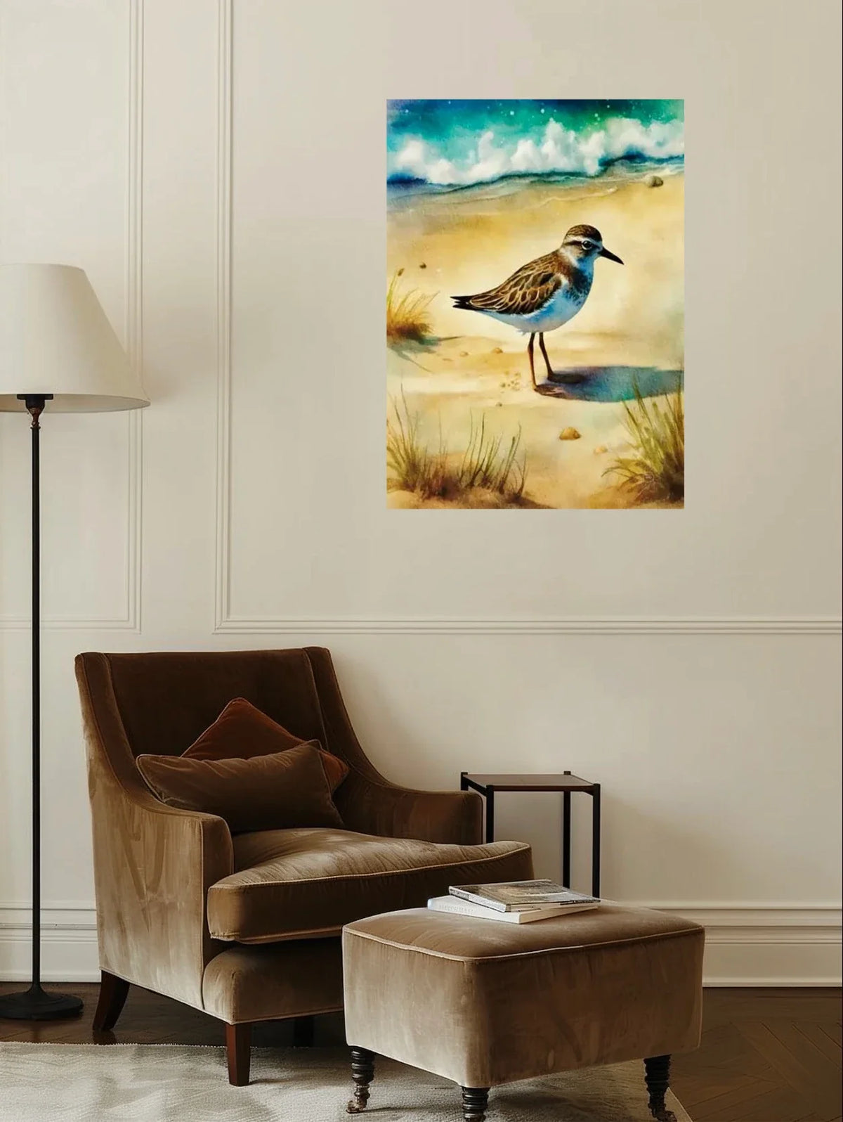 Whimsical Delights Wilson Plover - extra large 36 x 48 unframed art print shown hanging on a wall