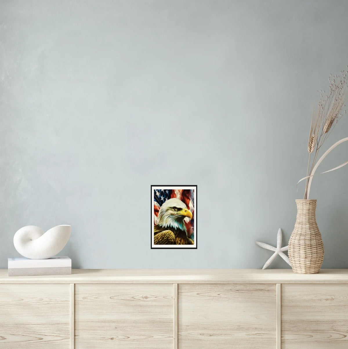 Whimsical Patriot Eagle and Flag - medium 12 x 16 matted and framed art print shown hanging on a wall