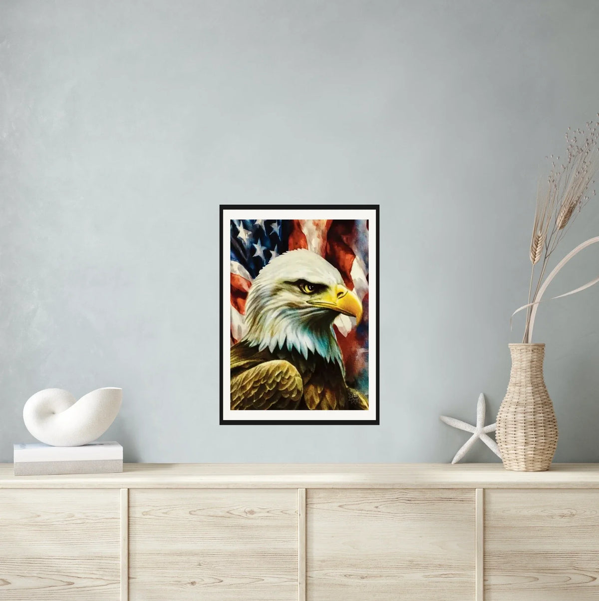 Whimsical Patriot Eagle and Flag - large 24 x 36 matted and framed art print shown hanging on a wall