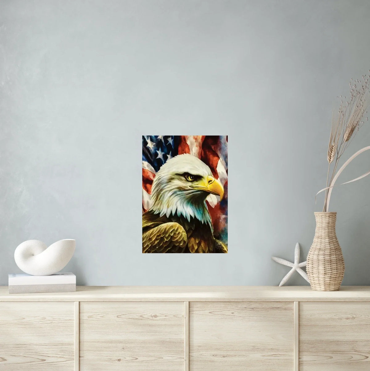 Whimsical Patriot Eagle and Flag - large 24 x 36 unframed art print shown hanging on a wall
