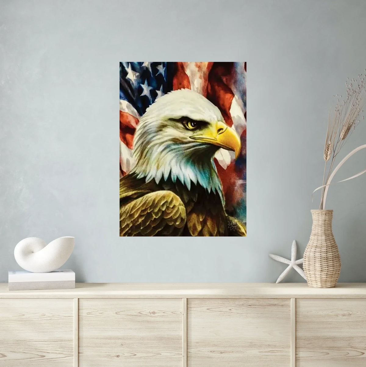 Whimsical Patriot Eagle and Flag - extra large 36 x 48 unframed art print shown hanging on a wall