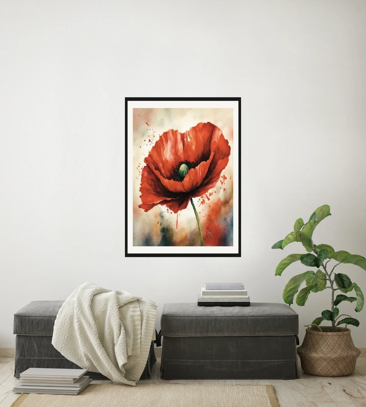 Whimsical Poppy - large 24 x 36 matted and framed art print shown hanging on a wall