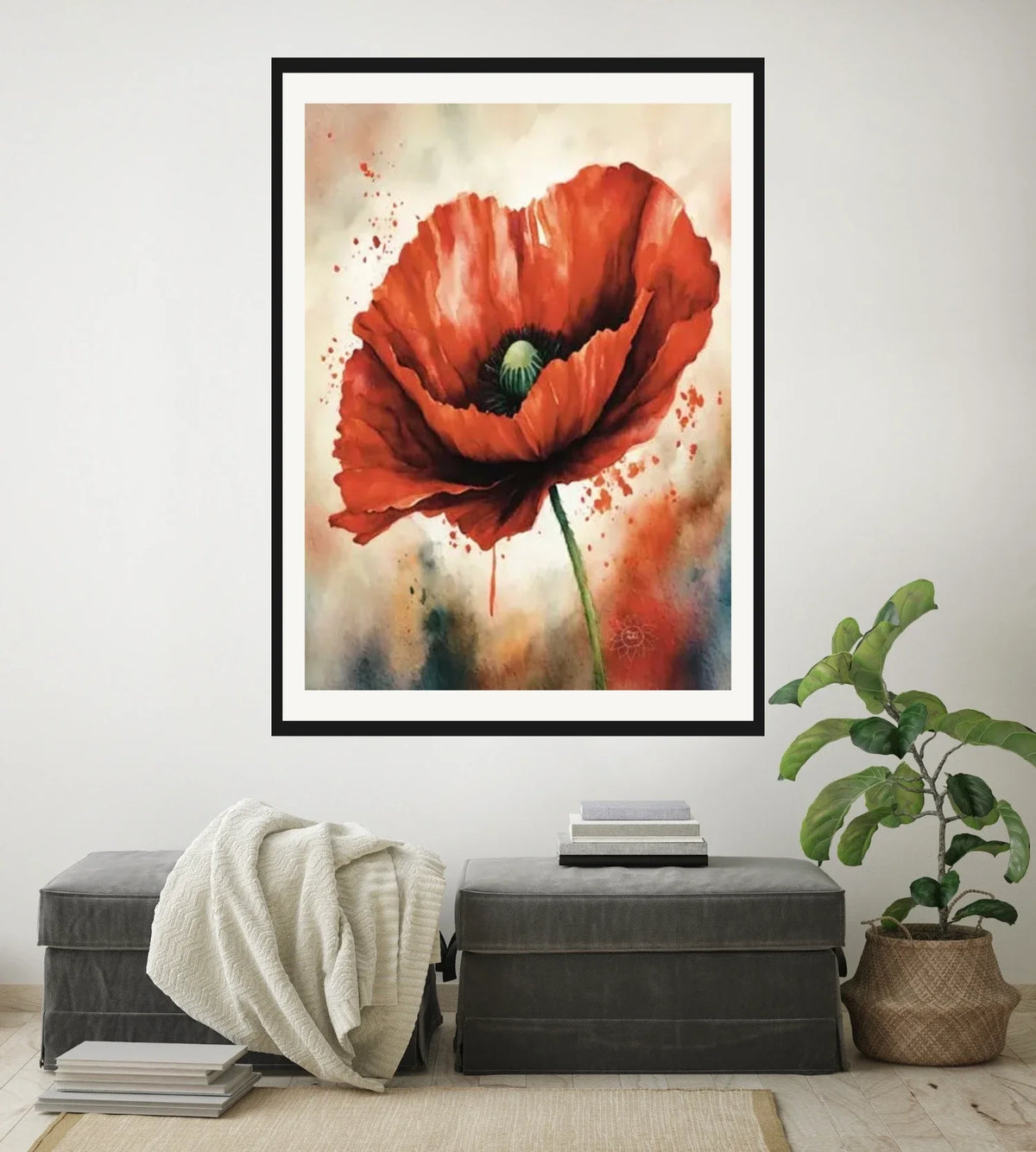 Whimsical Poppy - extra large 36 x 48 matted and framed art print shown hanging on a wall