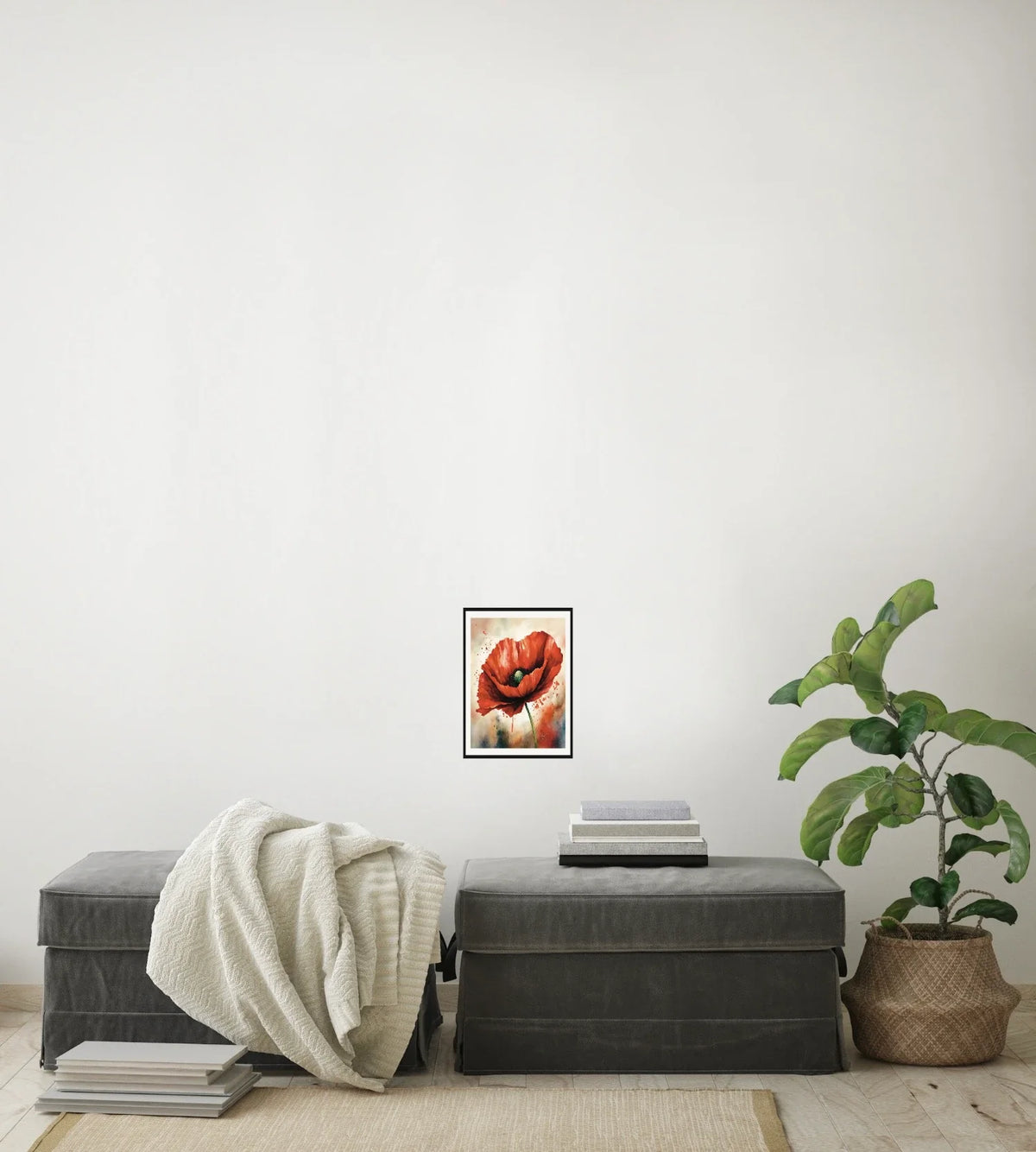 Whimsical Poppy - small 8 x 10 matted and framed art print shown hanging on a wall