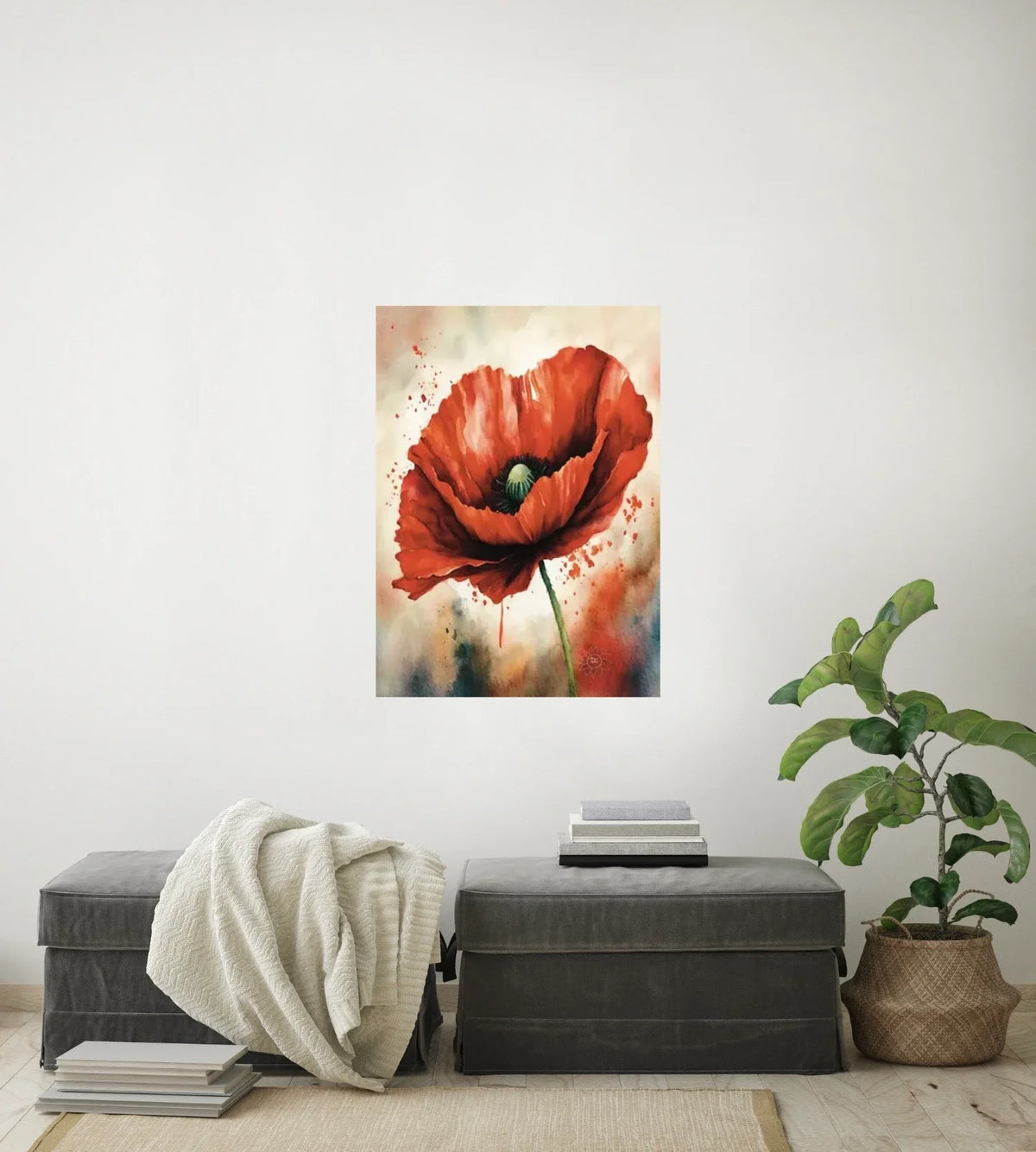 Whimsical Poppy - large 24 x 36 unframed art print shown hanging on a wall