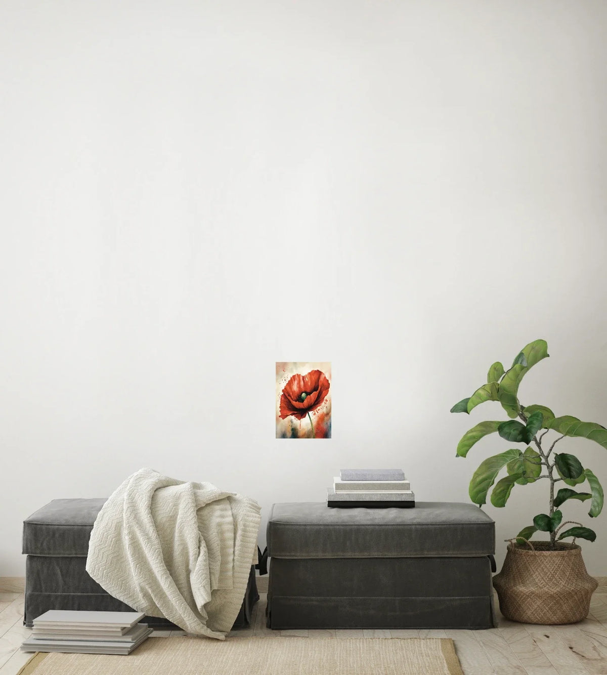 Whimsical Poppy - small 8 x 10 unframed art print shown hanging on a wall