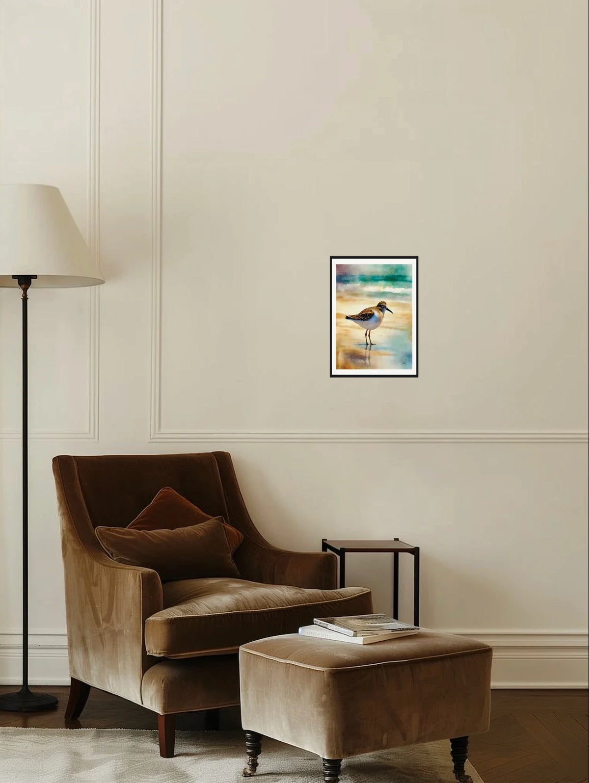 Whimsical Serenity Sandpiper - medium 12 x 16 matted and framed art print shown hanging on a wall