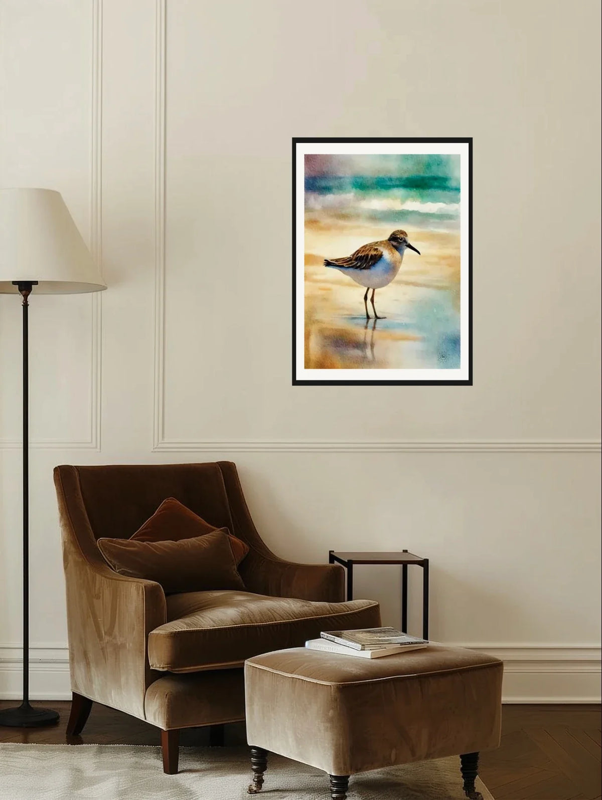 Whimsical Serenity Sandpiper - large 24 x 36 matted and framed art print shown hanging on a wall