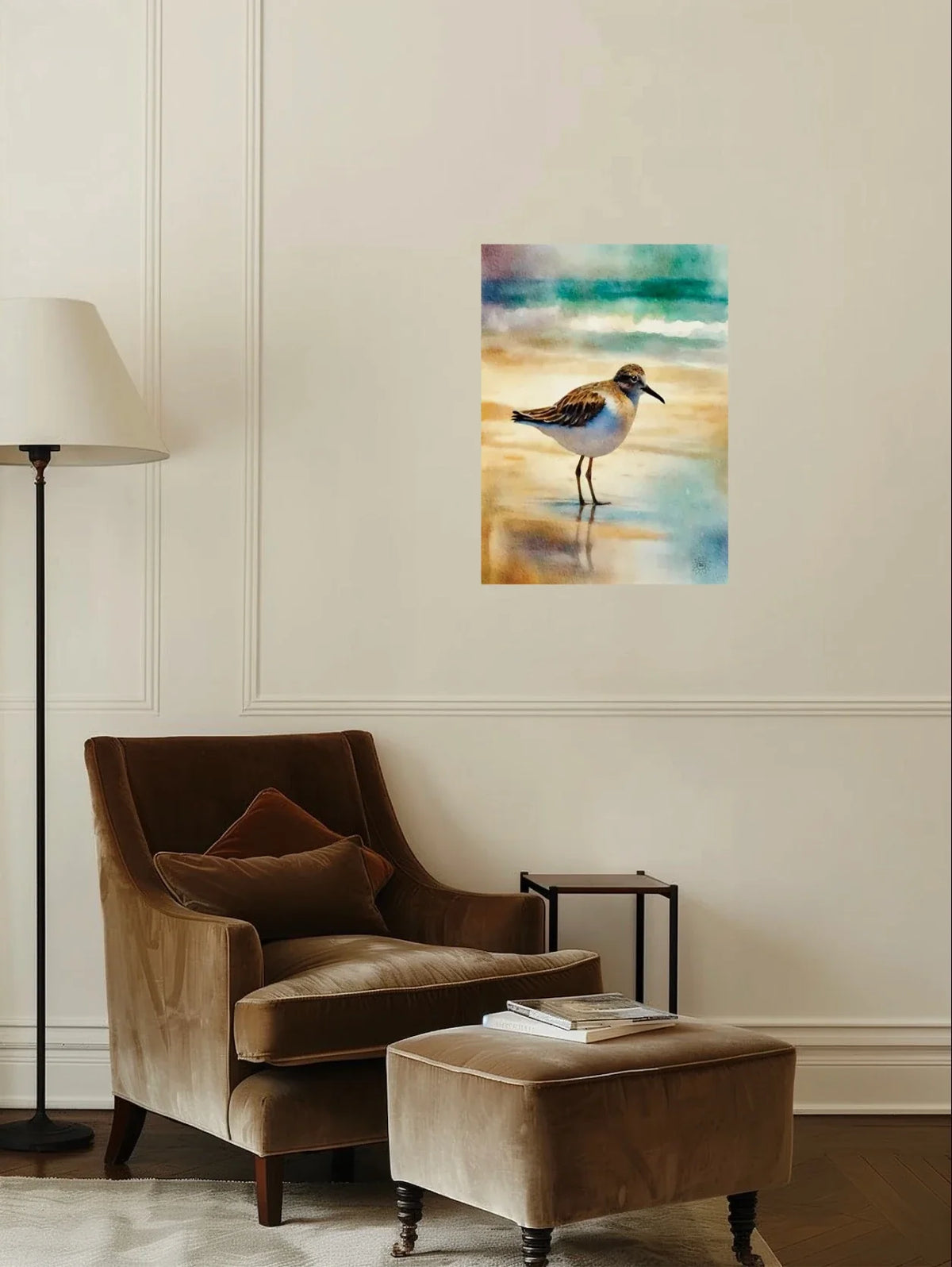 Whimsical Serenity Sandpiper - large 24 x 36 unframed art print shown hanging on a wall
