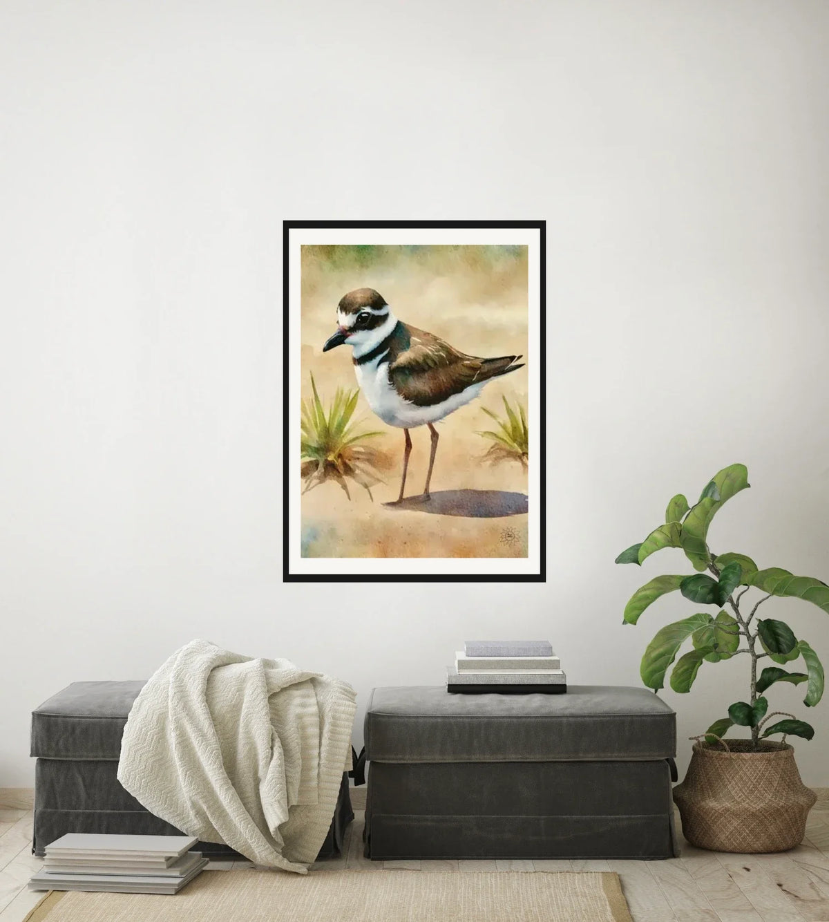 Whimsical Wandering Male Plover - large 24 x 36 matted and framed art print shown hanging on a wall