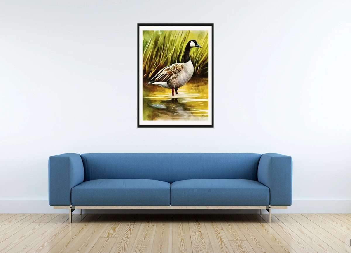 Whimsical Wonder Canadian Goose - large 24 x 36 matted and framed art print shown hanging on a wall