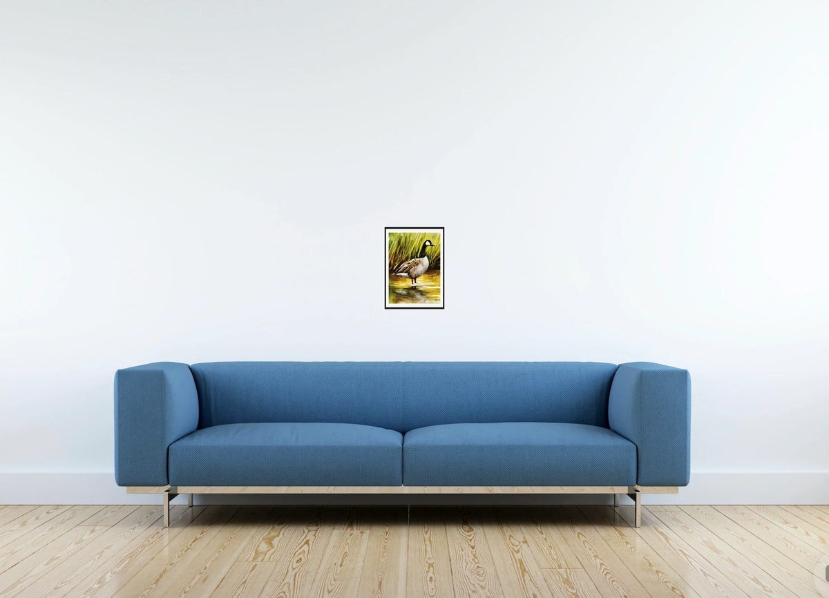 Whimsical Wonder Canadian Goose - small 8 x 10 matted and framed art print shown hanging on a wall