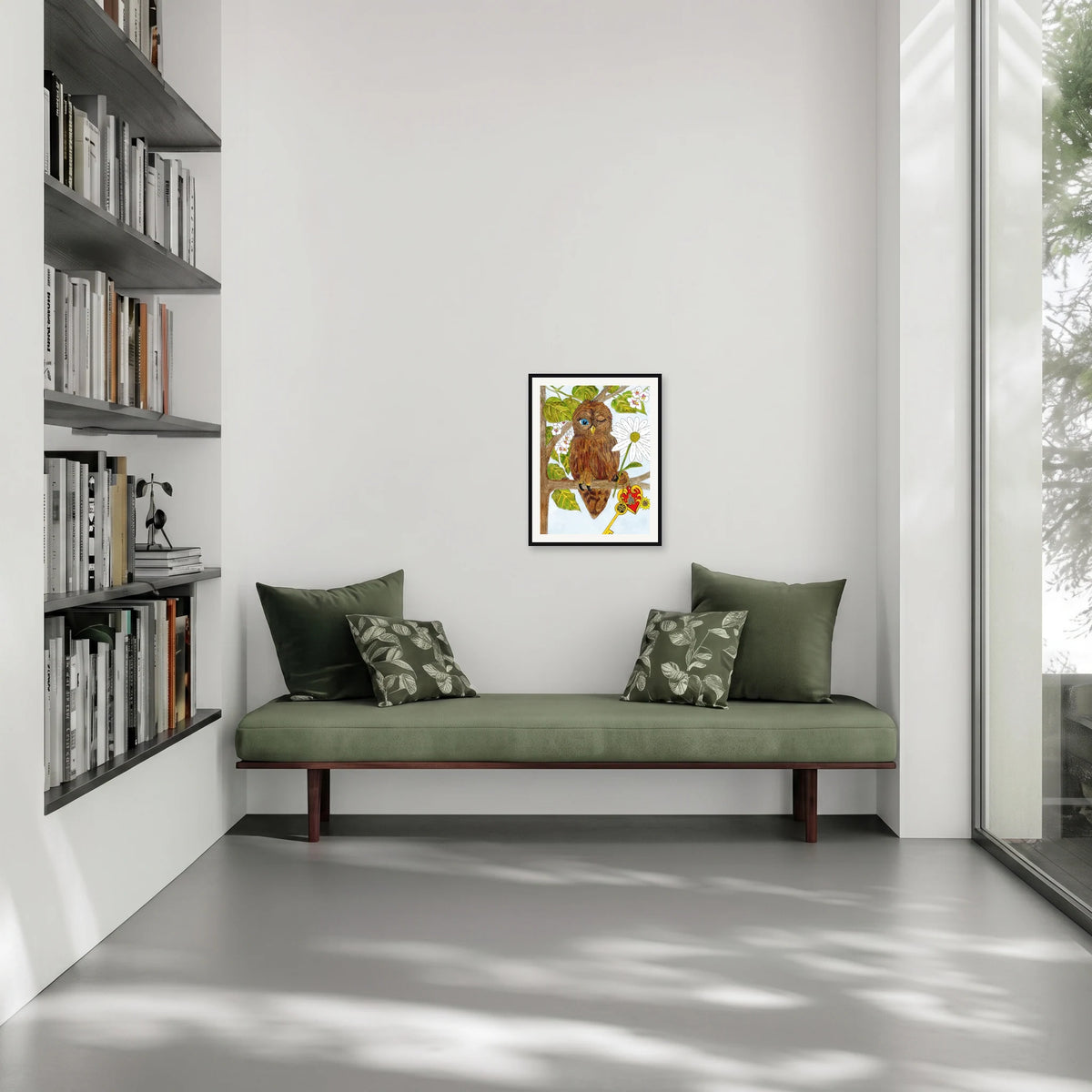 This is a medium 12 x 16 matted and framed watercolor art print of an owl on a branch with a daisy and an ornate key. Created by professional artists, this high-quality watercolor print on textured matte paper adds a touch of character to any home or office decor.