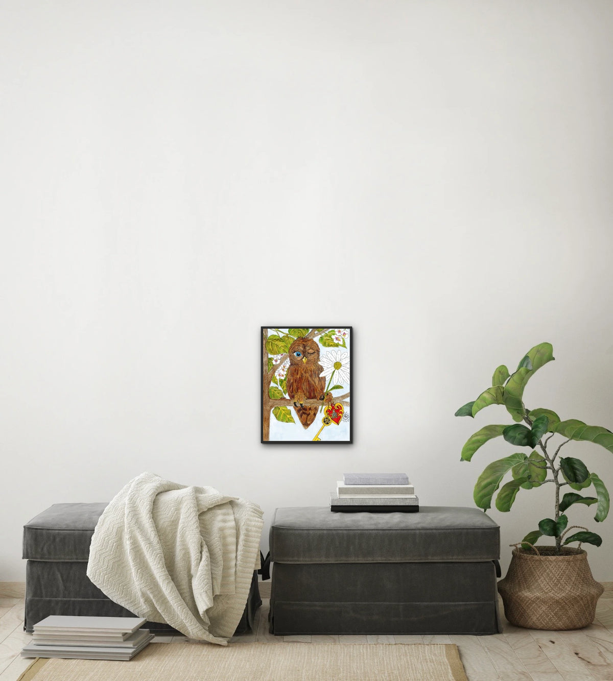 Wilbur Owl - medium 12 x 16 framed art print shown hanging on a wall