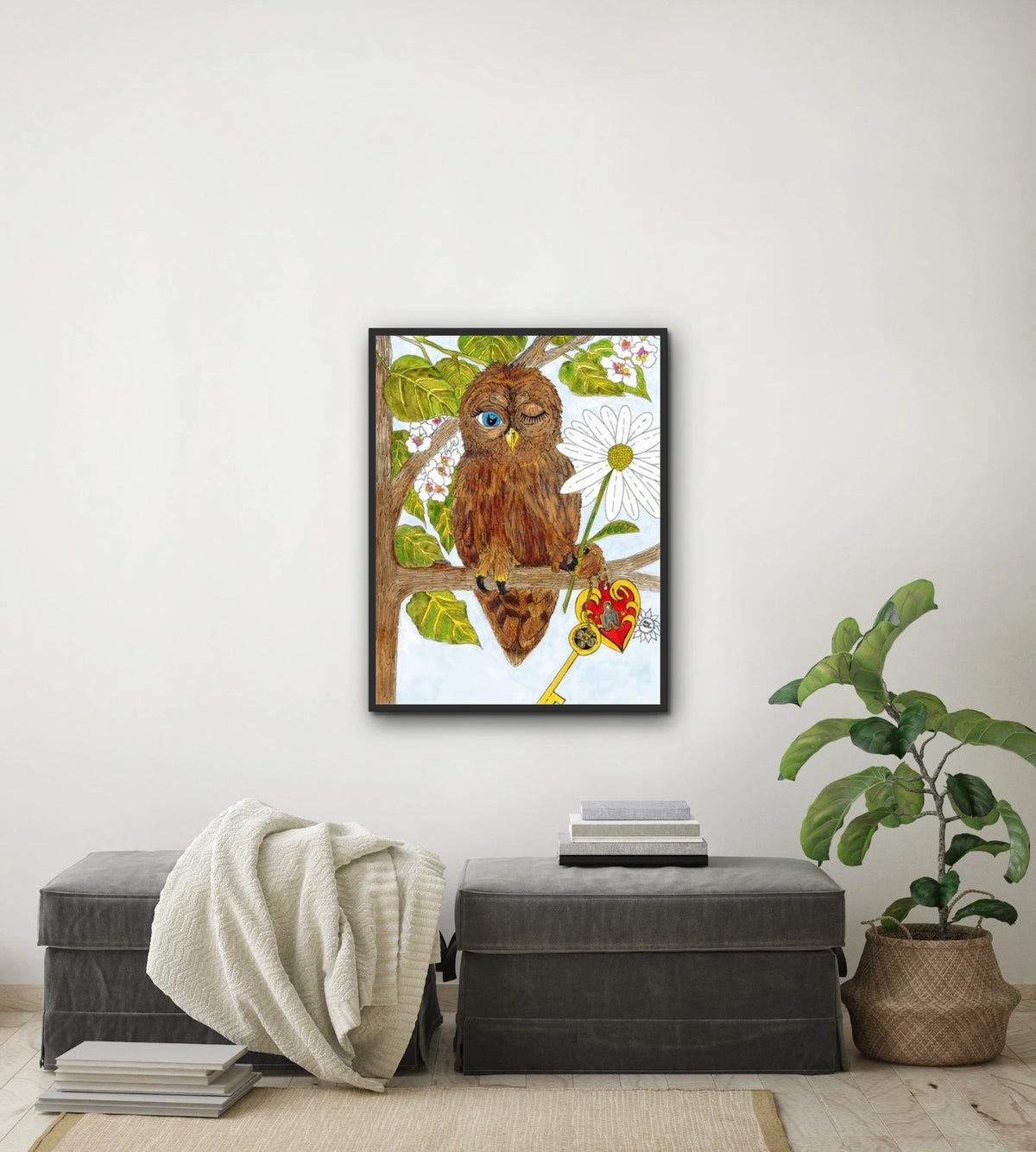 Wilbur Owl - large 24 x 36 framed art print shown hanging on a wall