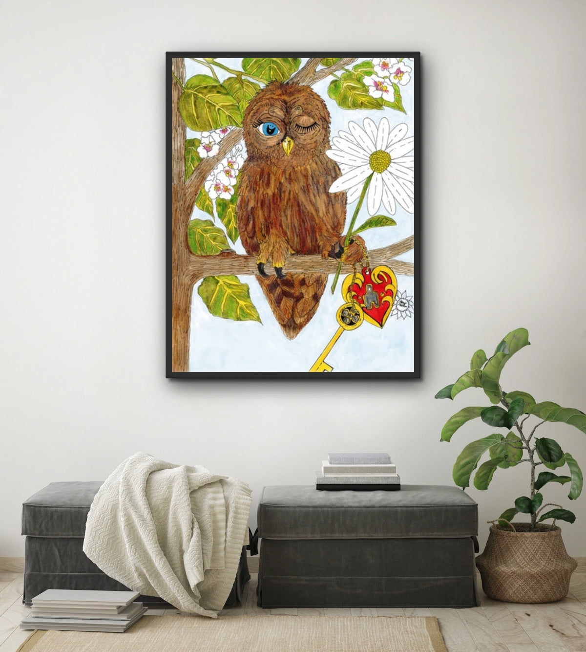 Wilbur Owl - extra large 36 x 48 framed art print shown hanging on a wall