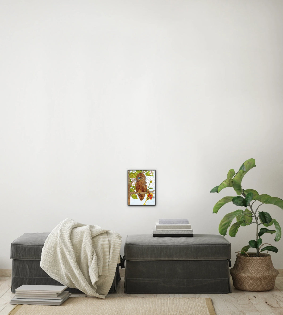 Wilbur Owl - small 8 x 10 framed art print shown hanging on a wall