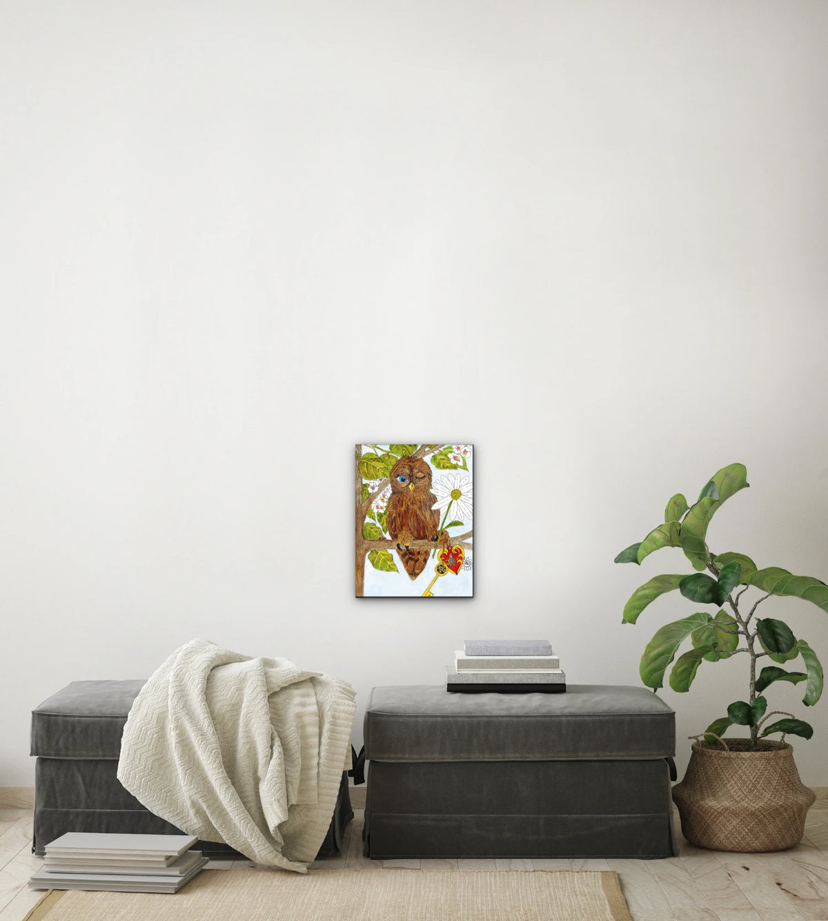 Wilbur Owl - medium 12 x 16 unframed art print shown hanging on a wall