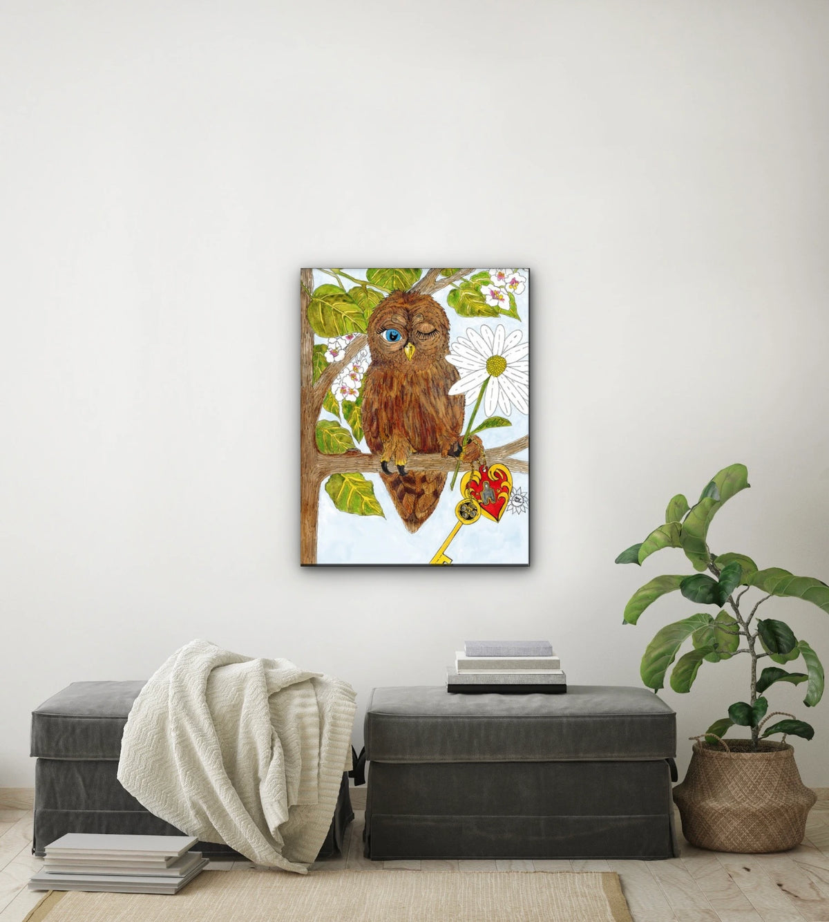 Wilbur Owl - large 24 x 36 unframed art print shown hanging on a wall