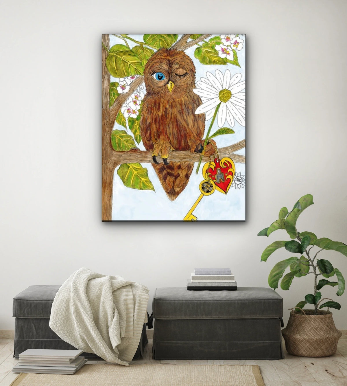 Wilbur Owl - extra large 36 x 48 unframed art print shown hanging on a wall