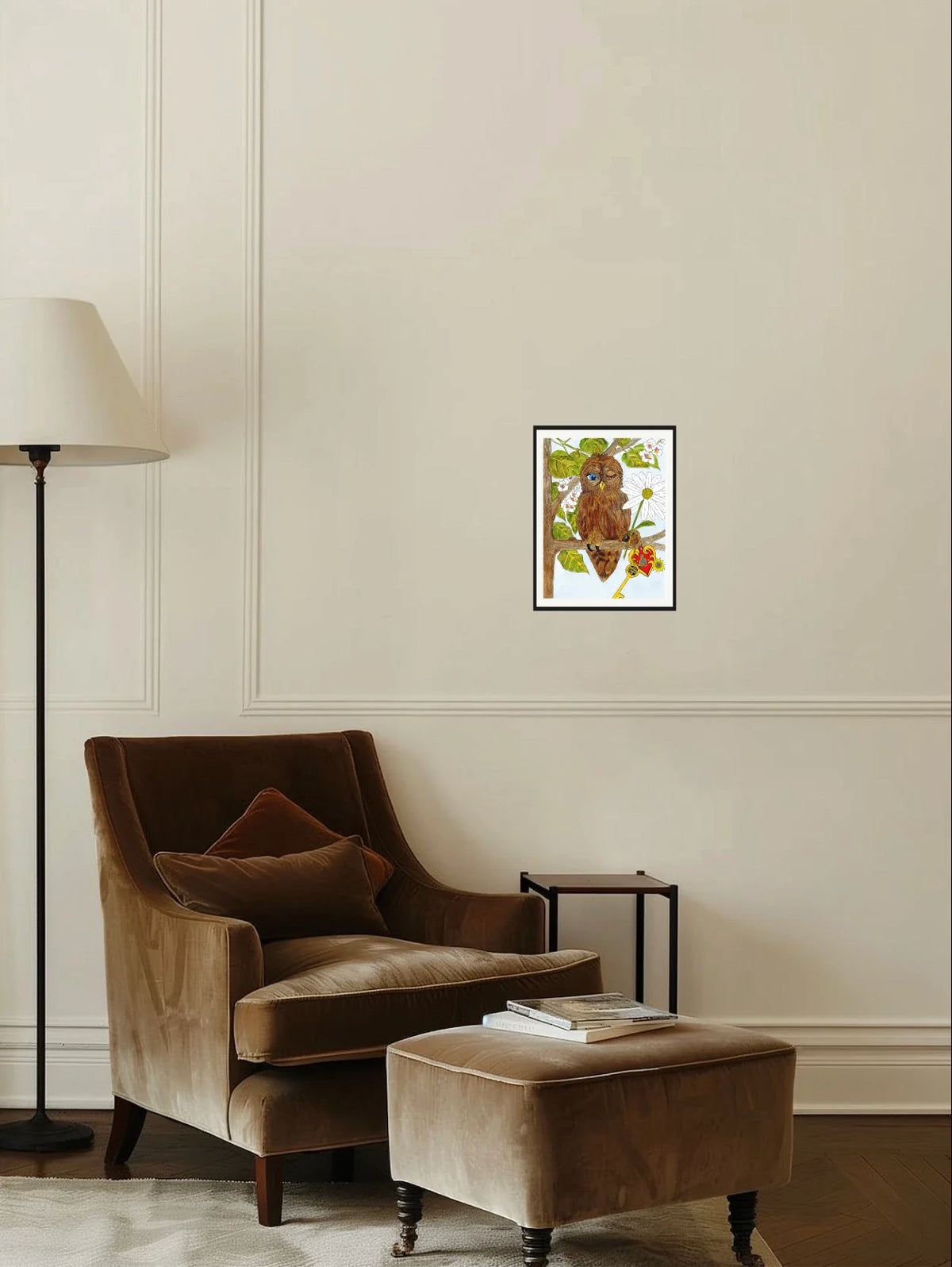 Wilbur Owl - medium 12 x 16 matted and framed art print shown hanging on a wall