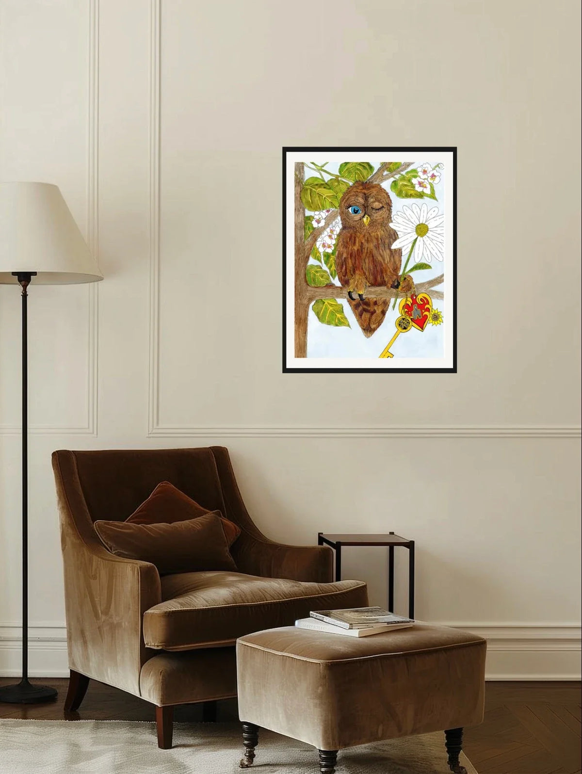 Wilbur Owl - large 24 x 36 matted and framed art print shown hanging on a wall