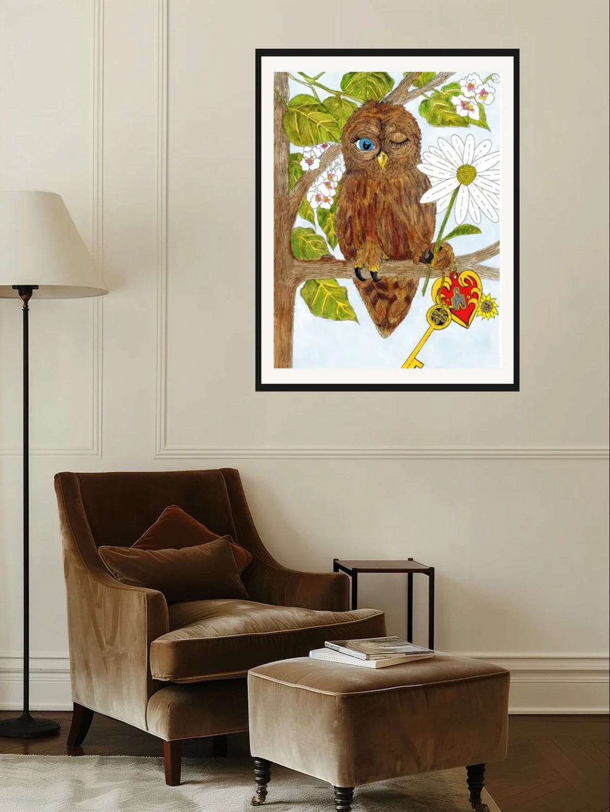 Wilbur Owl - extra large 36 x 48 matted and framed art print shown hanging on a wall