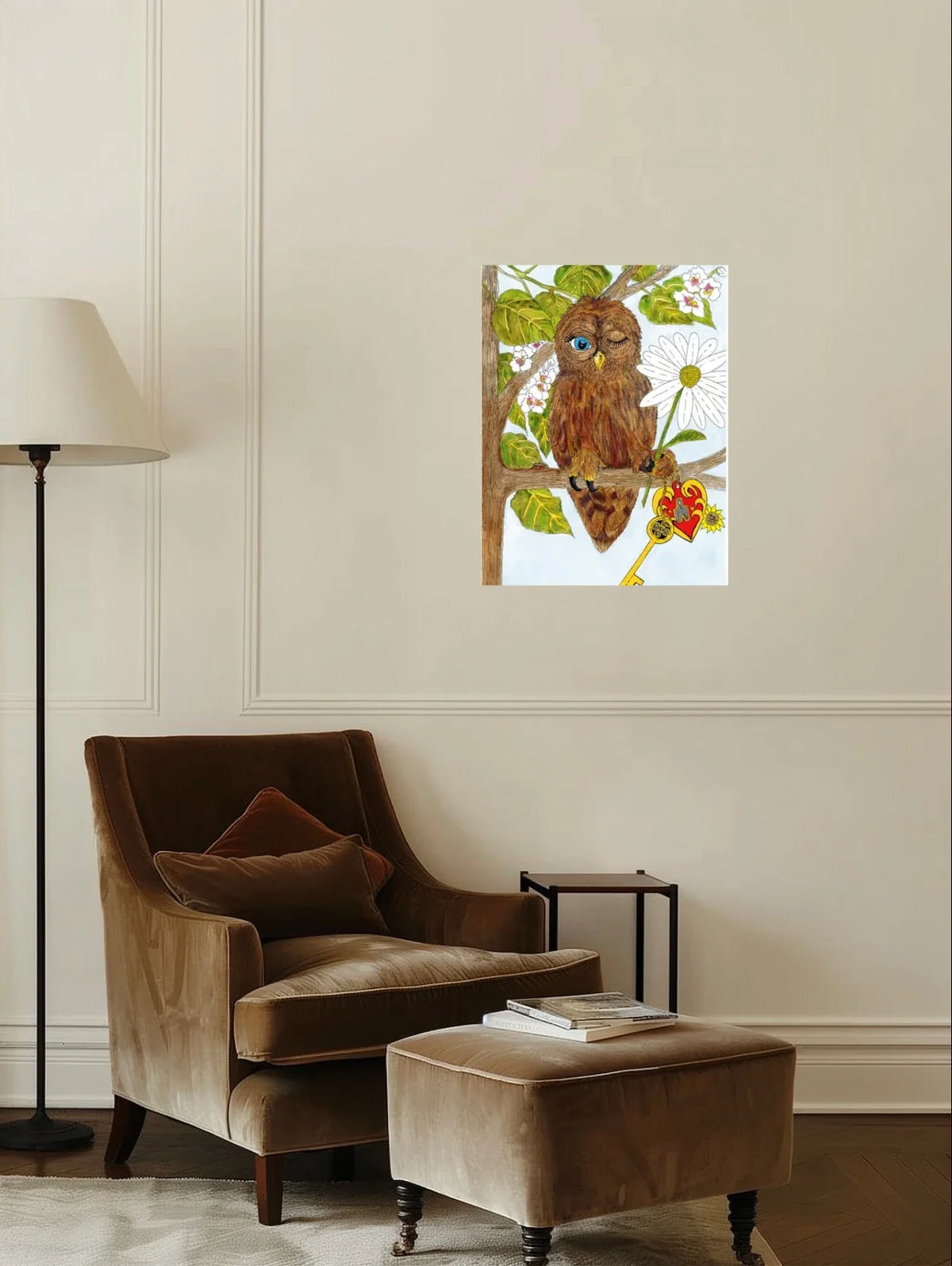 Wilbur Owl - large 24 x 36 unframed art print shown hanging on a wall