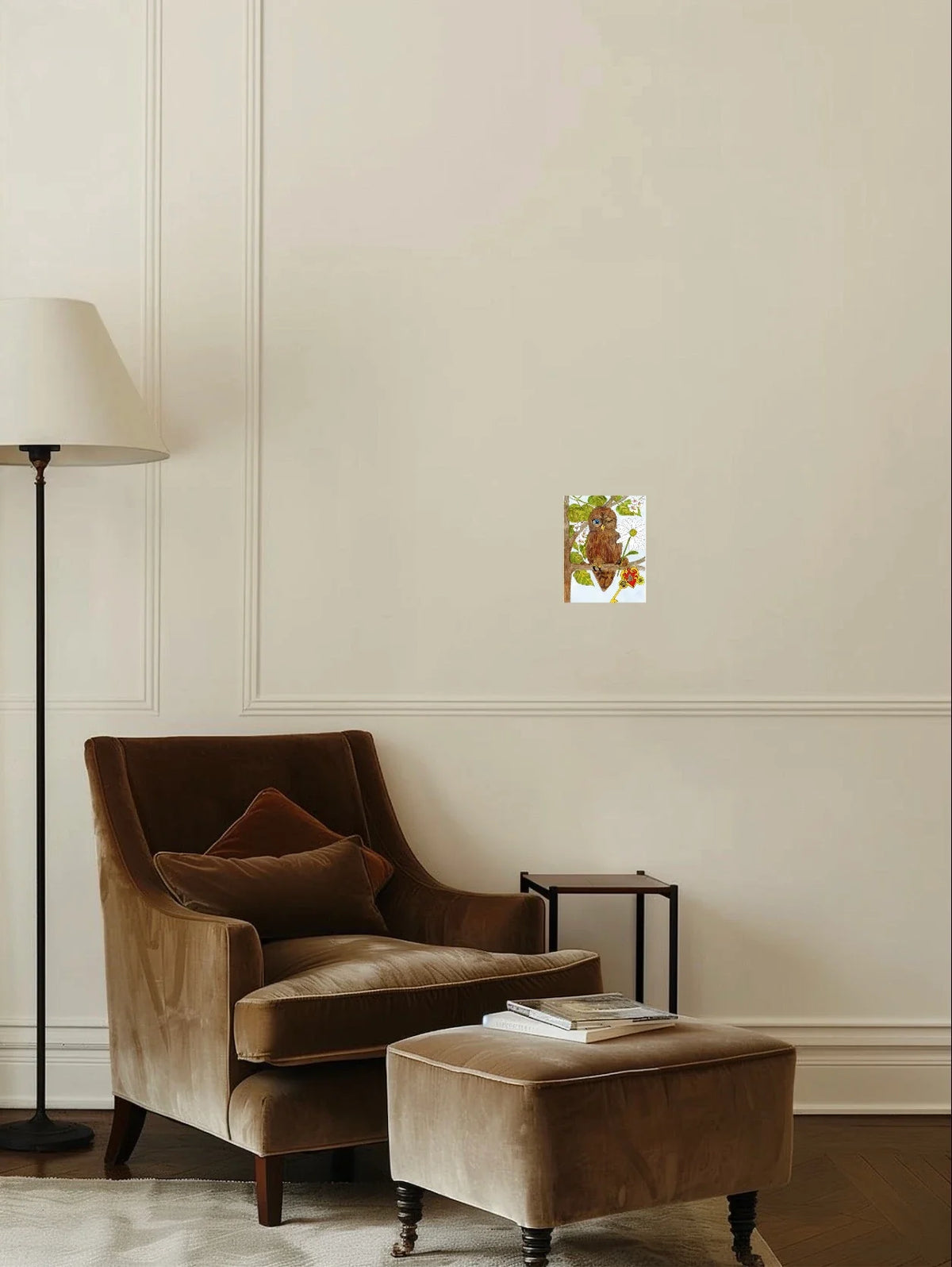 Wilbur Owl - small 8 x 10 unframed art print shown hanging on a wall