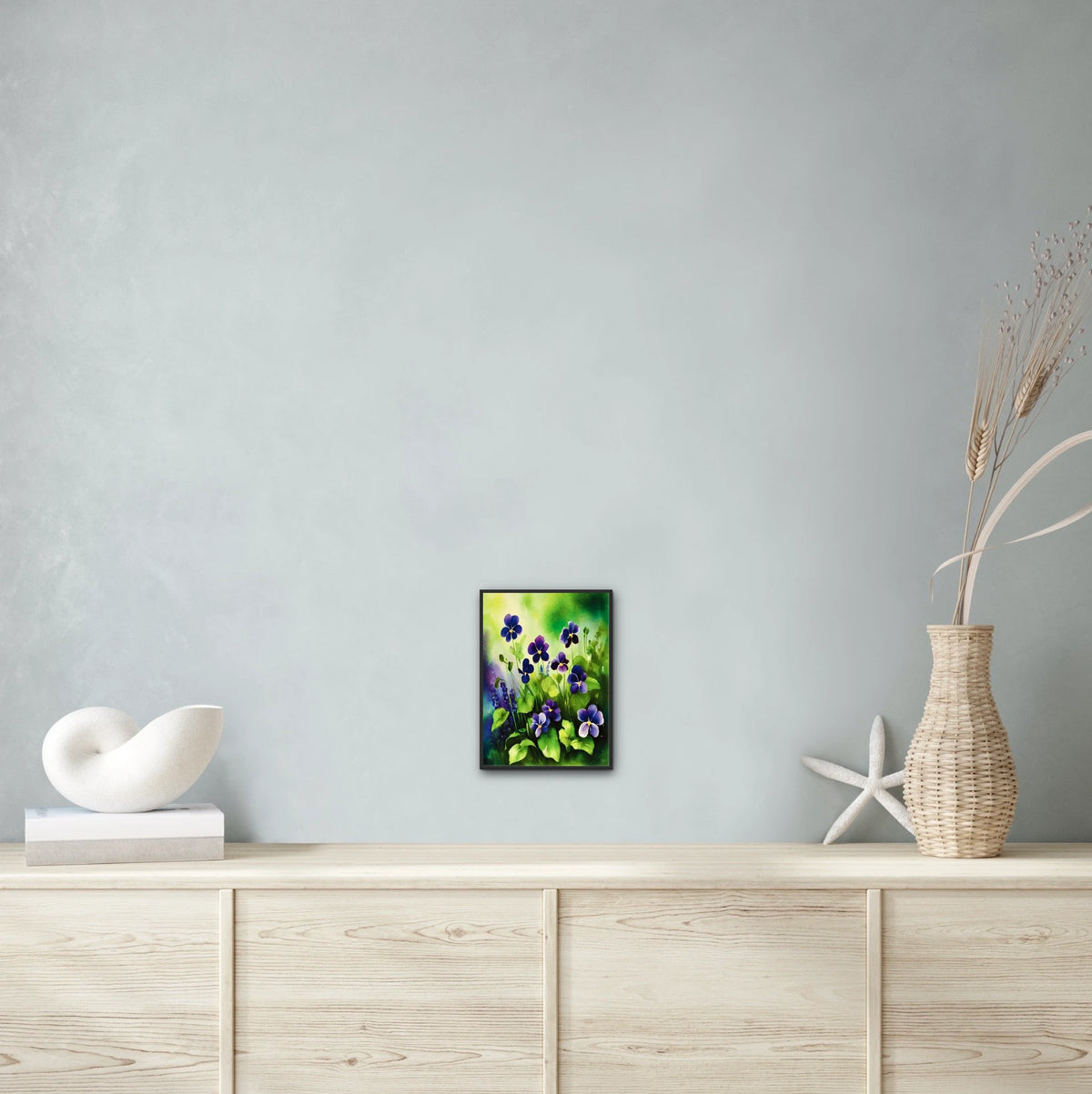 Wild Violets - medium 12 x 16 framed art print shown hanging on a wall