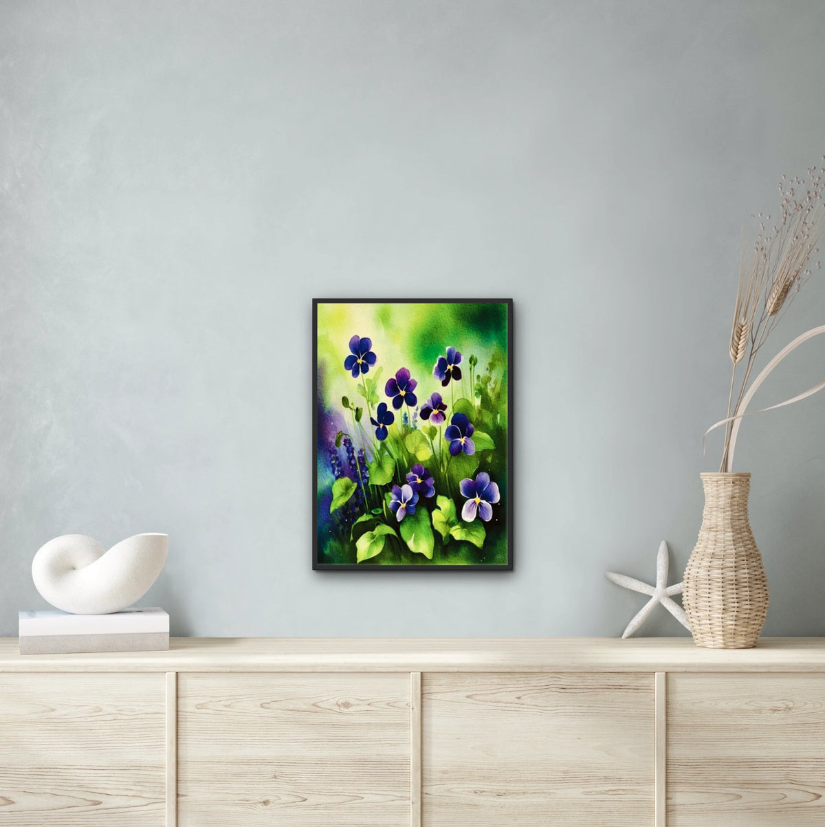Wild Violets - large 24 x 36 framed art print shown hanging on a wall