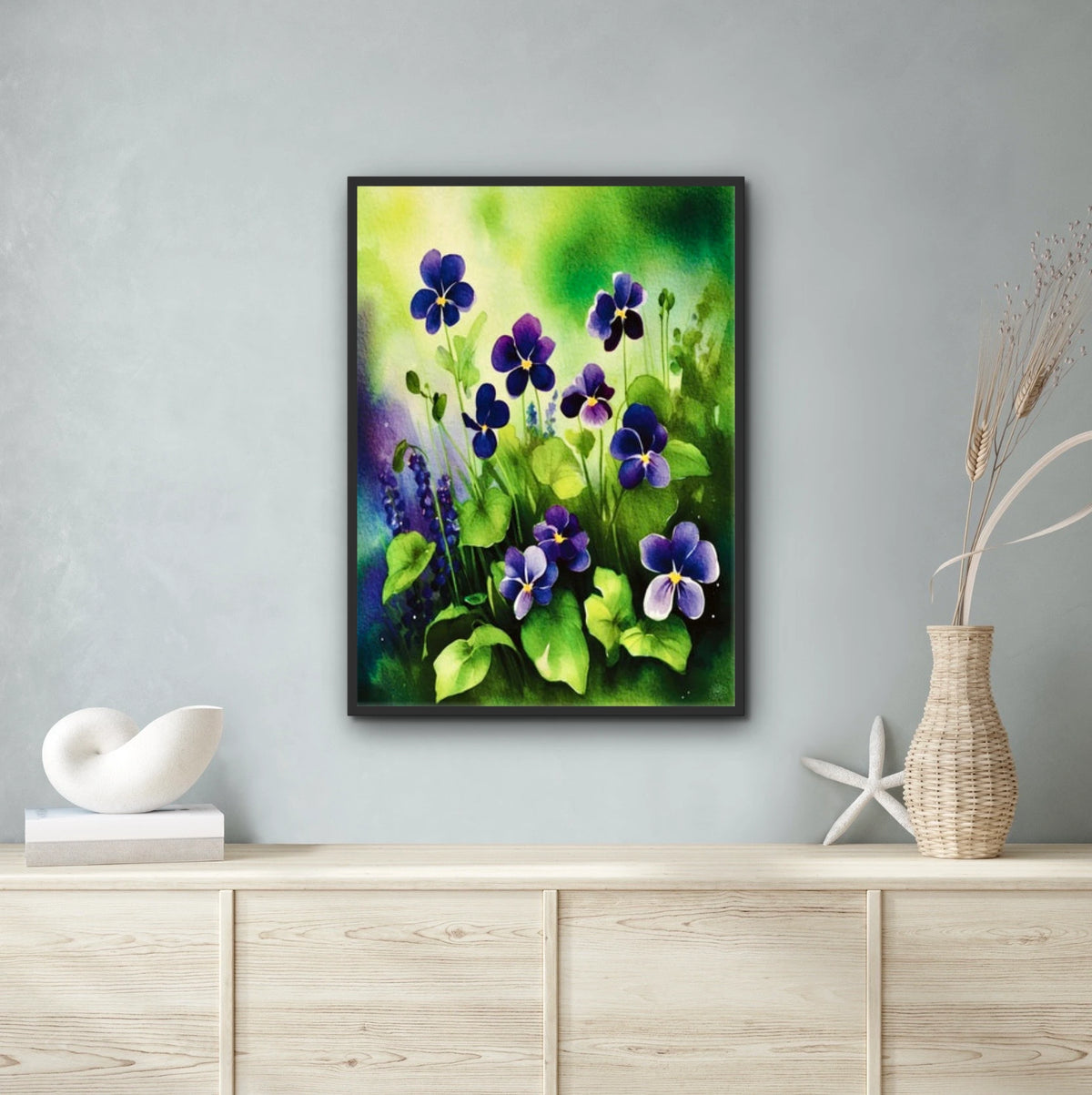 Wild Violets - extra large 36 x 48 framed art print shown hanging on a wall