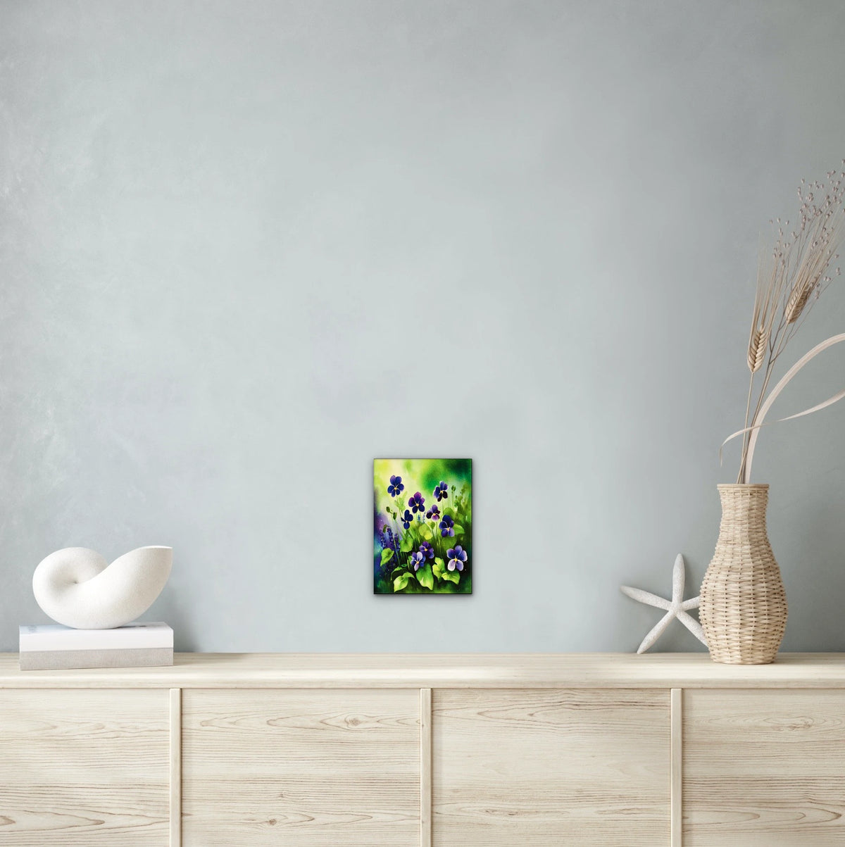 Wild Violets - medium 12 x 16 unframed art print shown hanging on a wall
