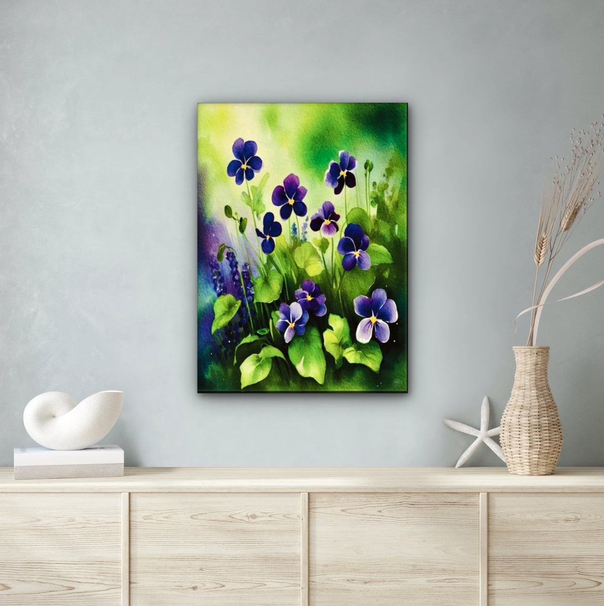 Wild Violets - extra large 36 x 48 unframed art print shown hanging on a wall