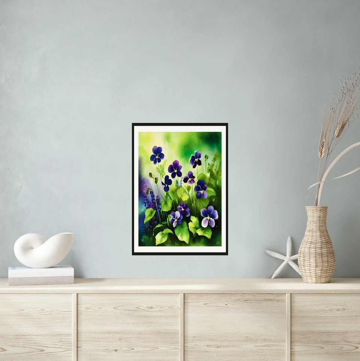 Wild Violets - large 24 x 36 matted and framed art print shown hanging on a wall